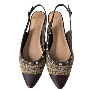 Juicy Couture Flat Slip On Shoe Pointed Toe Poetry Brown Monogram Logo JC Charm